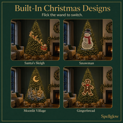 Built-in Christmas designs: Santa's sleigh, snowman, moonlit village, gingerbread
