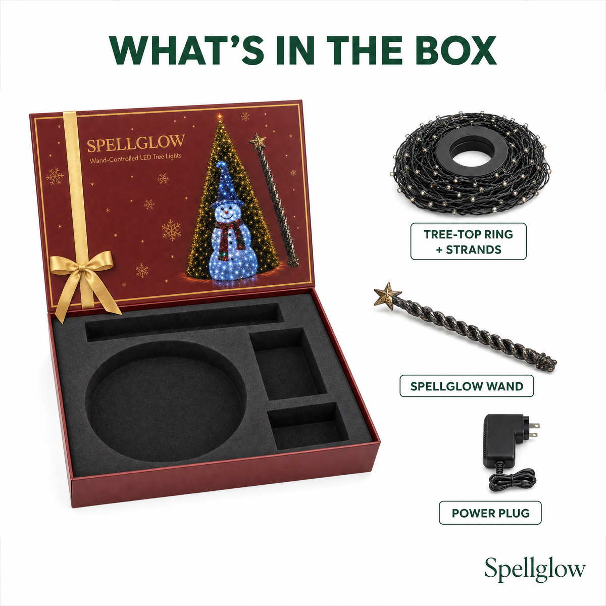 What's in the box: tree-top ring and strands, Spellglow wand, power plug