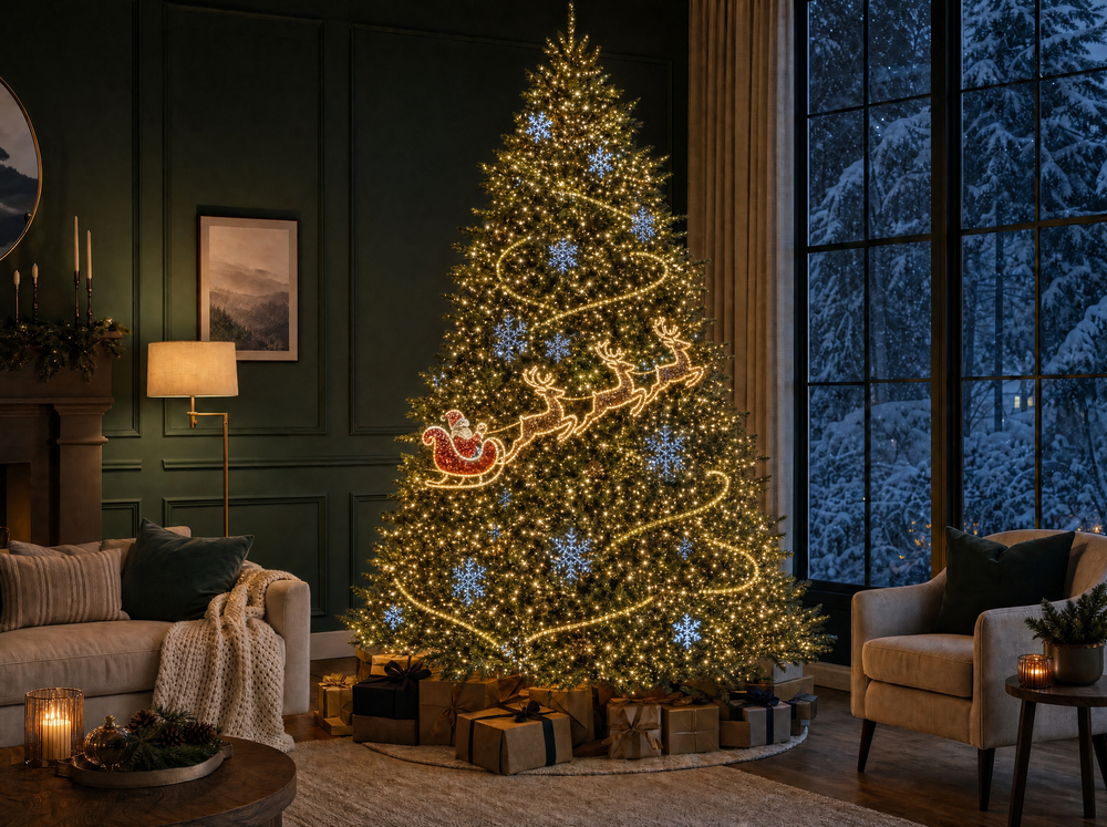 Christmas tree lit with the Spellglow sleigh design